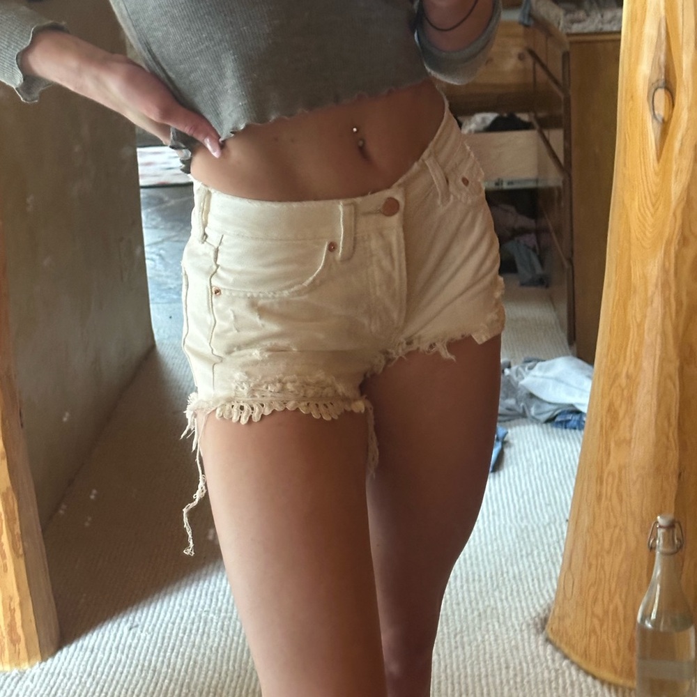 Free People Frayed White Jean Shorts
